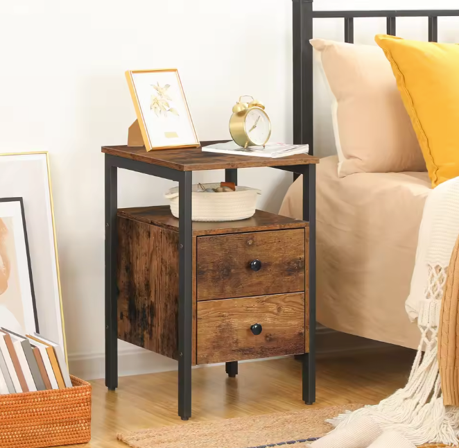 Nachtkastje met 2 Lades & Planken – Industrieel Bruin Metaal