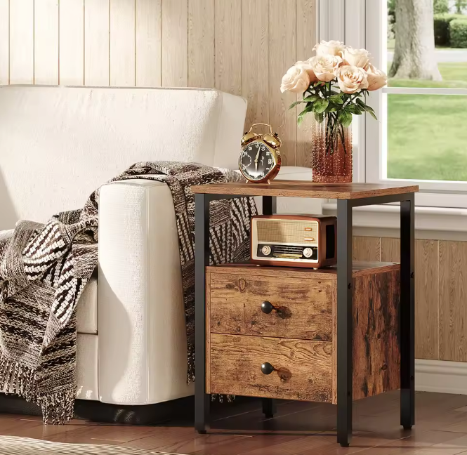 Nachtkastje met 2 Lades & Planken – Industrieel Bruin Metaal