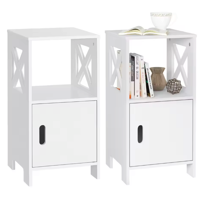 Set van 2 Smalle Nachtkastjes – Wit, 60 cm Hoog met Deur & Open Vaks