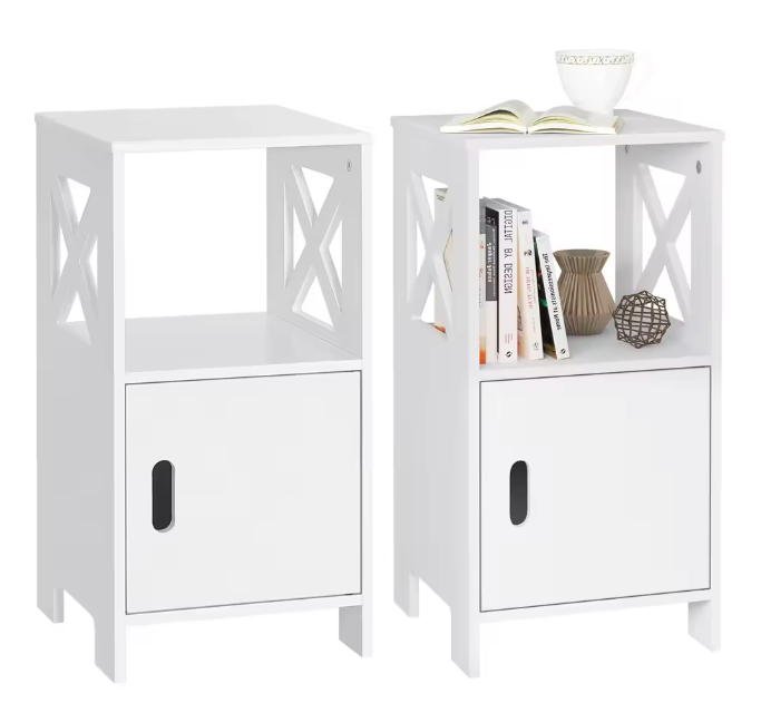 Set van 2 Smalle Nachtkastjes – Wit, 60 cm Hoog met Deur & Open Vaks