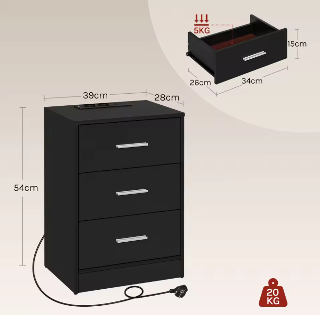 Nachtkastje met Oplaadstation – 3 Lades, USB & Type-C Poort