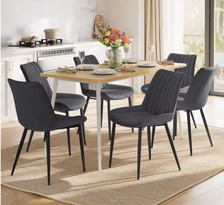 Set van 6 Gestoffeerde Eetkamerstoelen – Leerlook Stof & Metalen Poten, Modern en Ergonomisch