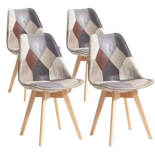 Set van 4 Patchwork Eetkamerstoelen – Stoffen Zitting & Houten Poten