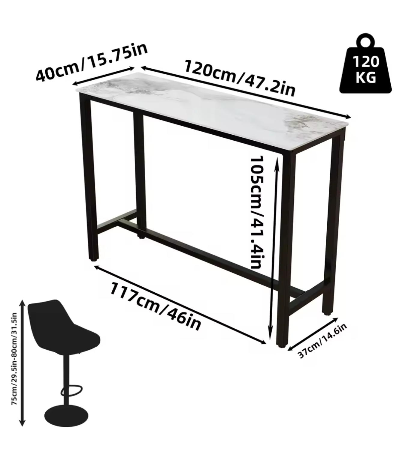 Luxe marmeren bartafel 120×40cm – hoog en modern design