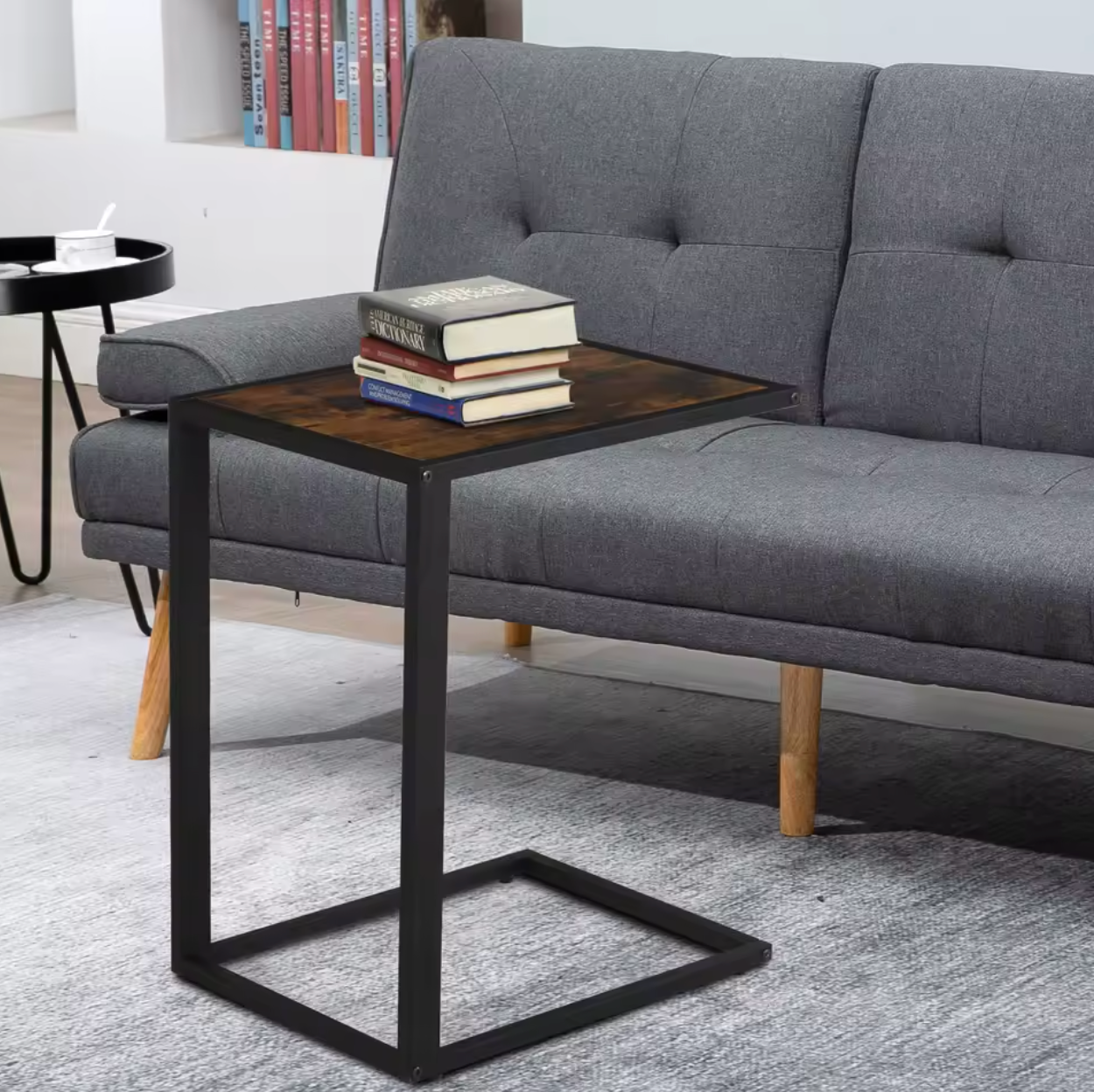 Industrieel C-Vormige Bijzettafel – MDF & Metaal, Rustiek-Bruin