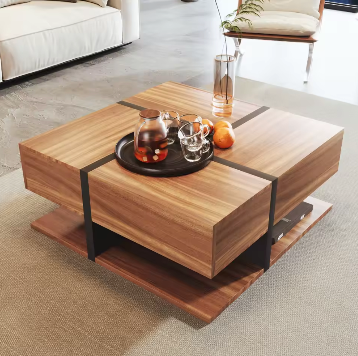 Vierkante salontafel 78cm – met lades en onderplank