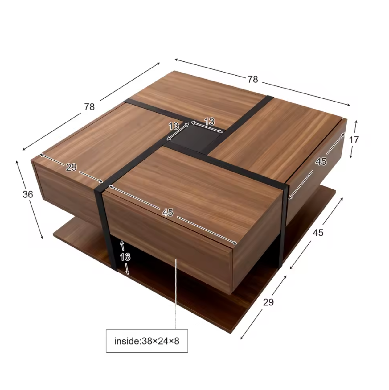 Vierkante salontafel 78cm – met lades en onderplank