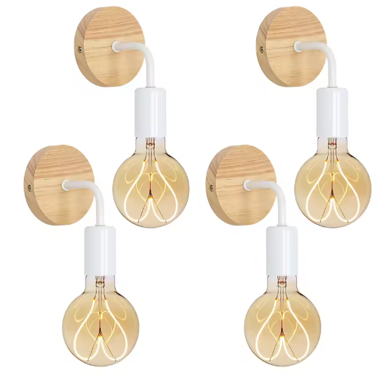 Set van 4 Vintage Industriële Wandlampen – Hout & IJzer, E27