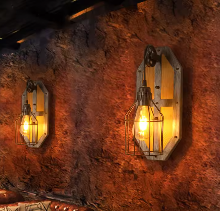 Vintage Wandlamp – Retro Steampunk Industrieel Design met Hout & Metaal, E27 Fitting