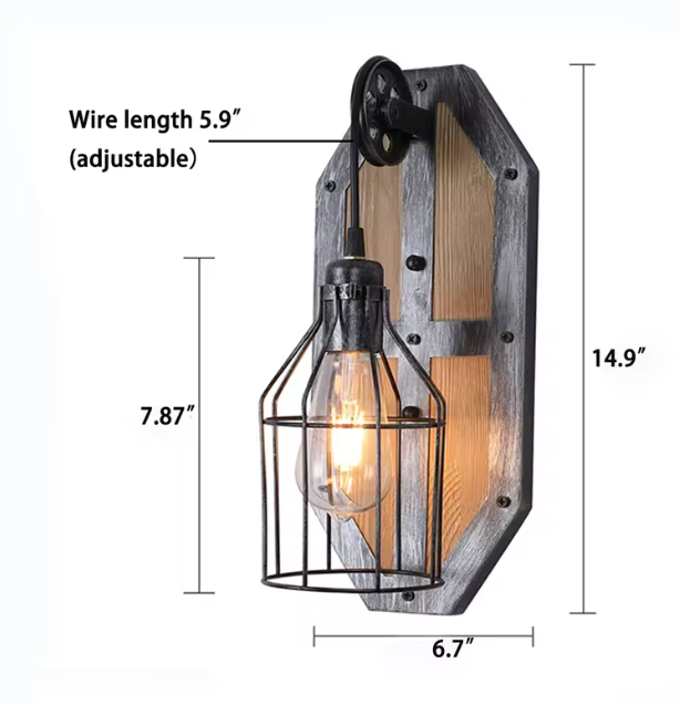 Vintage Wandlamp – Retro Steampunk Industrieel Design met Hout & Metaal, E27 Fitting