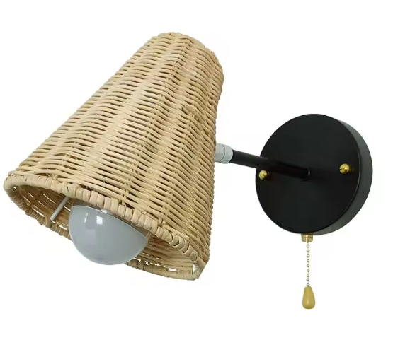 Retro Rotan Wandlamp – Handgeweven LED Wandkandelaar met Schakelaar