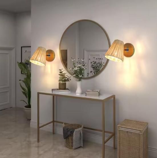 Retro Rotan Wandlamp – Handgeweven LED Wandkandelaar met Schakelaar
