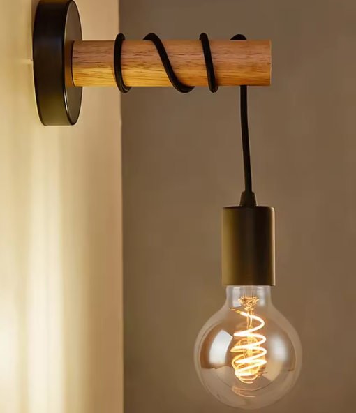 Retro Houten Wandlamp – Vintage E27 Sfeerverlichting voor Woon- & Slaapkamer