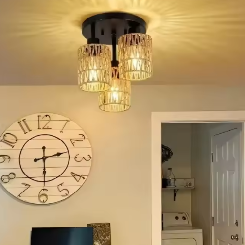 Handgemaakte Rotan Plafondlamp – Boho Geweven Kroonluchter met E27 Fitting, Natuurlijk en Sfeervol