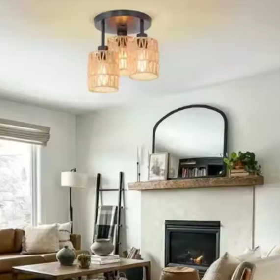 Handgemaakte Rotan Plafondlamp – Boho Geweven Kroonluchter met E27 Fitting, Natuurlijk en Sfeervol