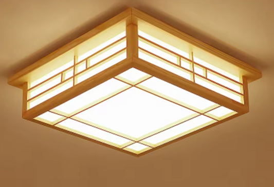 Plafondlamp met Grenenhout & PVC Kap – 16W LED Warm Licht, Vierkant Design