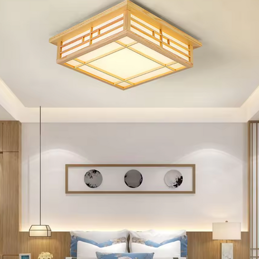 Plafondlamp met Grenenhout & PVC Kap – 16W LED Warm Licht, Vierkant Design