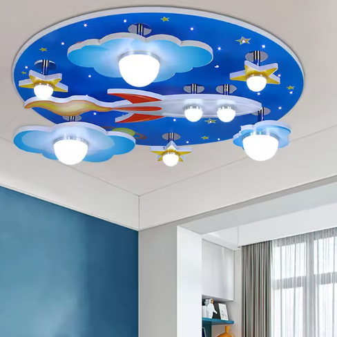 Kinderkamer LED Plafondlamp – Cartoon Blauw Design met Sterren, Wolken & Planeten, 35W Dimbaar