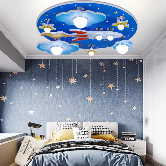 Kinderkamer LED Plafondlamp – Cartoon Blauw Design met Sterren, Wolken & Planeten, 35W Dimbaar