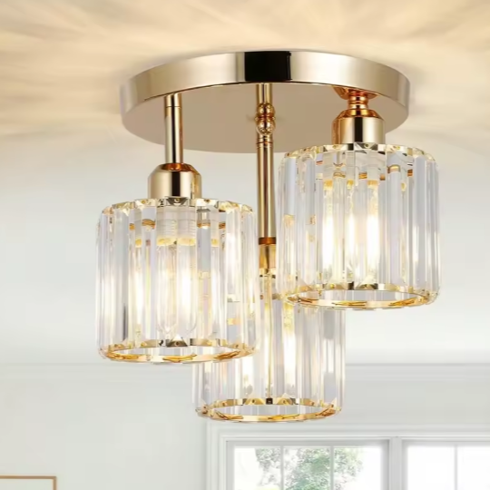 Moderne Gouden Plafondlamp – 3-Lichts met Kristalglas, Semi-Inbouw