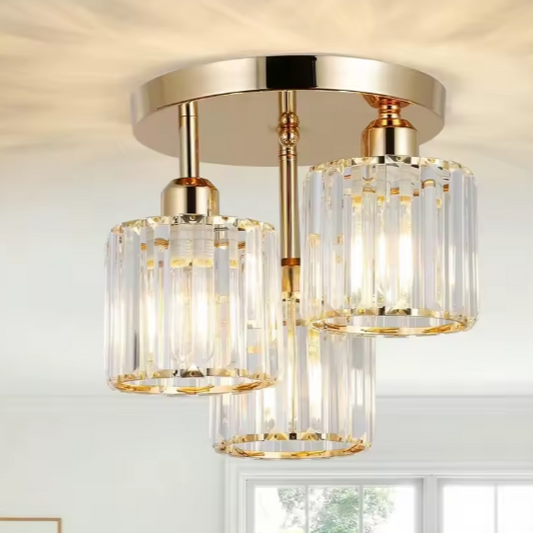 Moderne Gouden Plafondlamp – 3-Lichts met Kristalglas, Semi-Inbouw