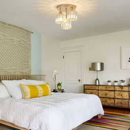 Moderne Gouden Plafondlamp – 3-Lichts met Kristalglas, Semi-Inbouw