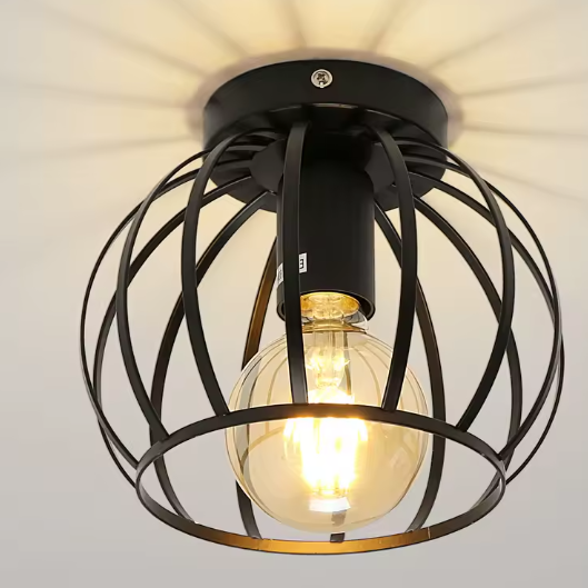 Vintage Plafondlamp – Zwarte Semi-Inbouwlamp met Kooi Ontwerp
