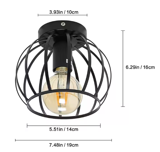 Vintage Plafondlamp – Zwarte Semi-Inbouwlamp met Kooi Ontwerp