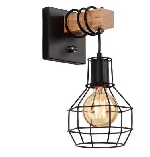 Moderne Retro Wandlamp met Houten Basis – Industriële Kooilamp