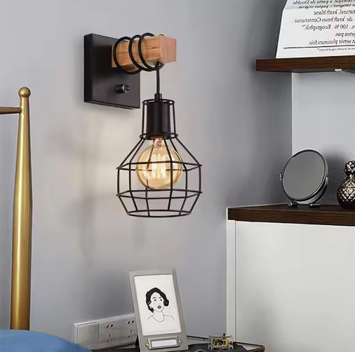 Moderne Retro Wandlamp met Houten Basis – Industriële Kooilamp