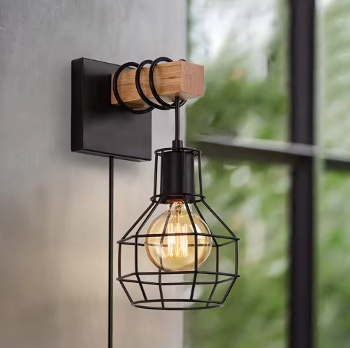 Moderne Retro Wandlamp met Houten Basis – Industriële Kooilamp