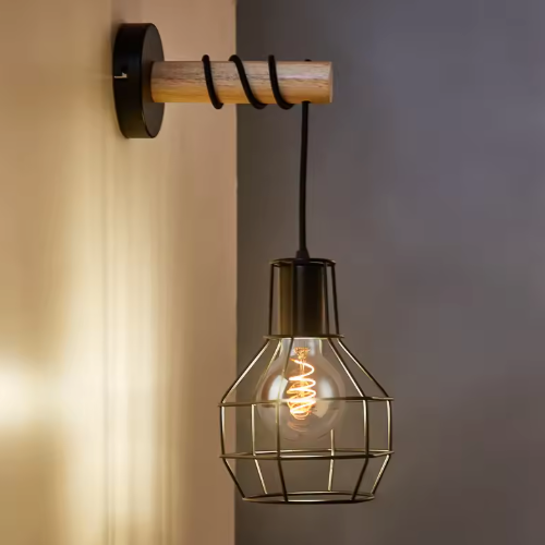 Moderne Retro Wandlamp met Houten Basis – Industriële Kooilamp