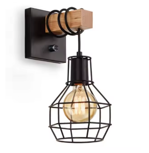 Moderne Retro Wandlamp met Houten Basis – Industriële Kooilamp