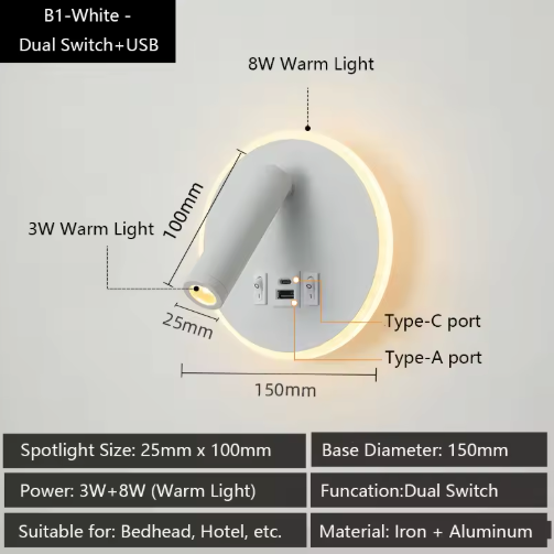 Moderne LED-Wandlamp met USB & Verstelbare Leeslampen – Sfeervol en Functioneel