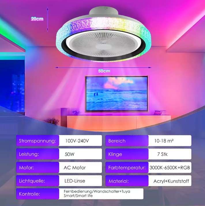 50W Bluetooth LED Plafondventilator met RGB Licht & Muziekfunctie – Dimbaar met Afstandsbediening