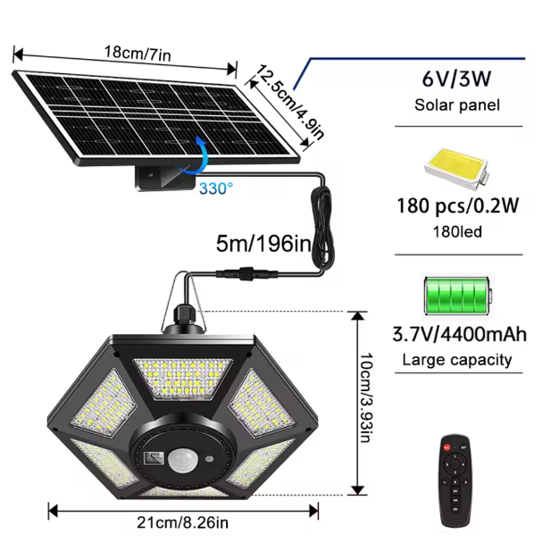 Solar Hanglamp met Afstandsbediening – 228 LED’s, Bewegingssensor & Waterdicht, 360° Verlichting