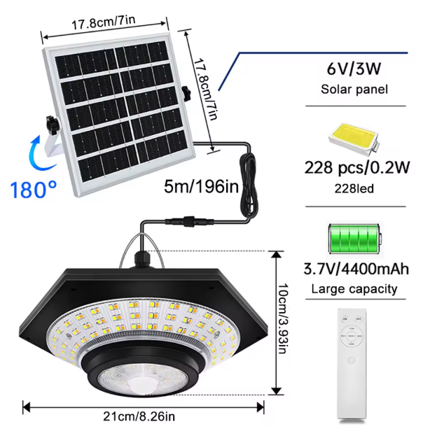Solar Hanglamp met Afstandsbediening – 228 LED’s, Bewegingssensor & Waterdicht, 360° Verlichting