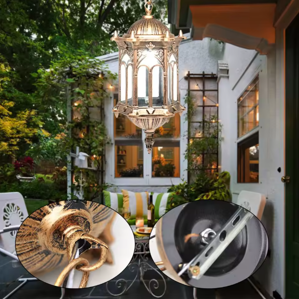 Waterdichte Retro Hanglamp – Bronskleurig Aluminium & Glazen Kap, Voor Binnen en Buiten