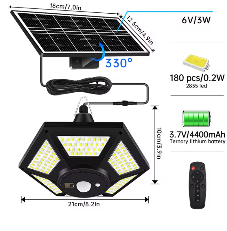Solar LED Hanglamp – 180 LED’s met Afstandsbediening & Bewegingssensor, Voor Binnen en Buiten