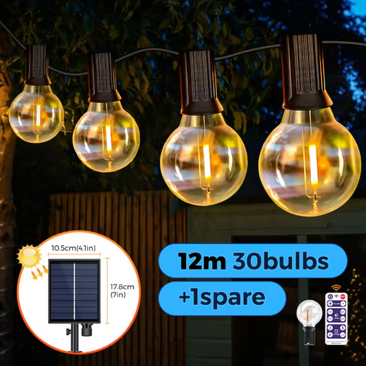 Solar Slingerlicht 12 m – 30 LED G40 Bollen, USB & Zonne-energie, Waterdicht en Breukvast