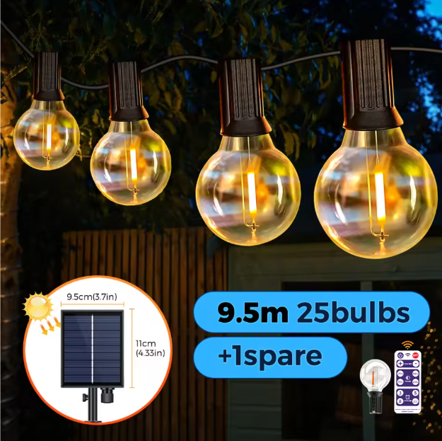 Solar Slingerlicht 12 m – 30 LED G40 Bollen, USB & Zonne-energie, Waterdicht en Breukvast