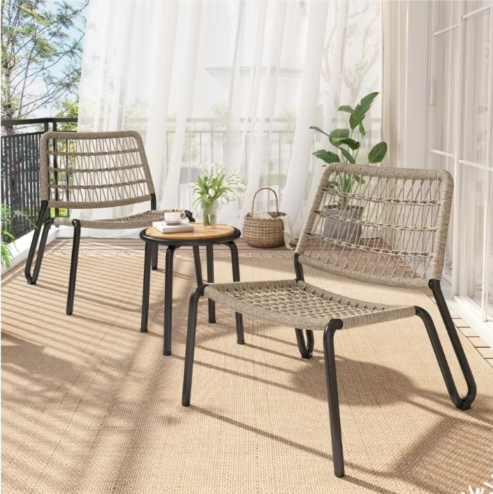 3-Delige Bistroset – Galvaniseerd Staal, Handgevlochten Touw & Houten Tafel, Voor Binnen en Buiten