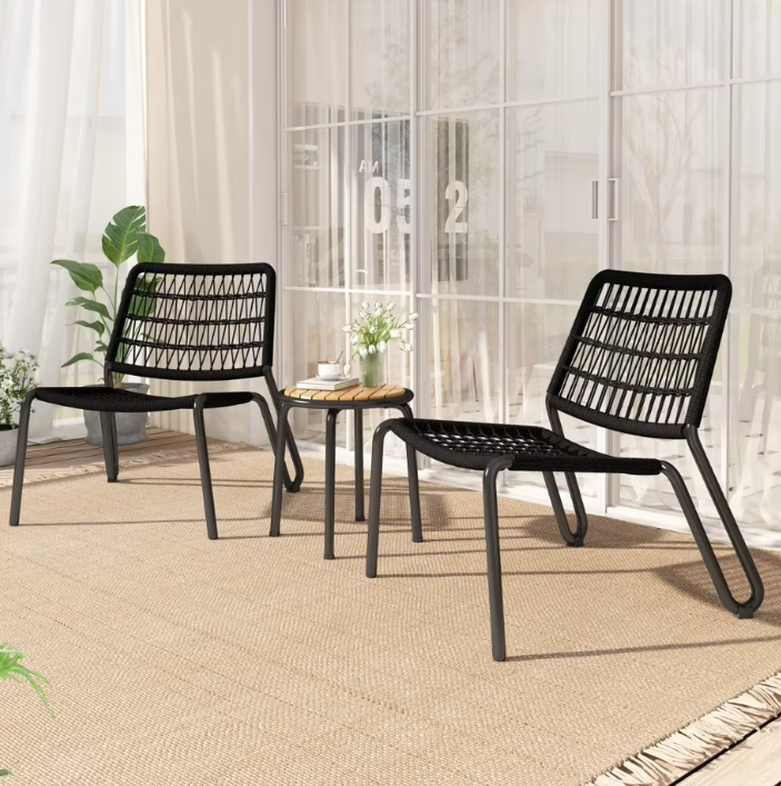 3-Delige Bistroset – Galvaniseerd Staal, Handgevlochten Touw & Houten Tafel, Voor Binnen en Buiten