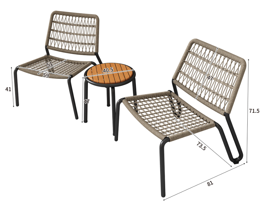 3-Delige Bistroset – Galvaniseerd Staal, Handgevlochten Touw & Houten Tafel, Voor Binnen en Buiten