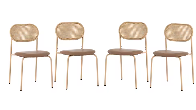 Set van 4 Rotan Eetkamerstoelen – PU-Zitting & Metalen Poten, Stijlvol en Comfortabel