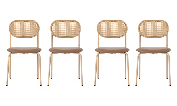 Set van 4 Rotan Eetkamerstoelen – PU-Zitting & Metalen Poten, Stijlvol en Comfortabel