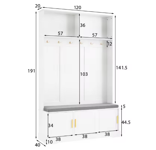 Kapstok met Schoenenbank – Garderoberek met 6 Haken & Zitbank, 120×40×191 cm