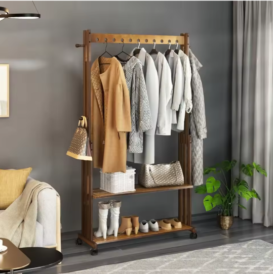 Bamboe Kledingrek met Wielen – Kapstok met Legplanken 104×32,2×166 cm