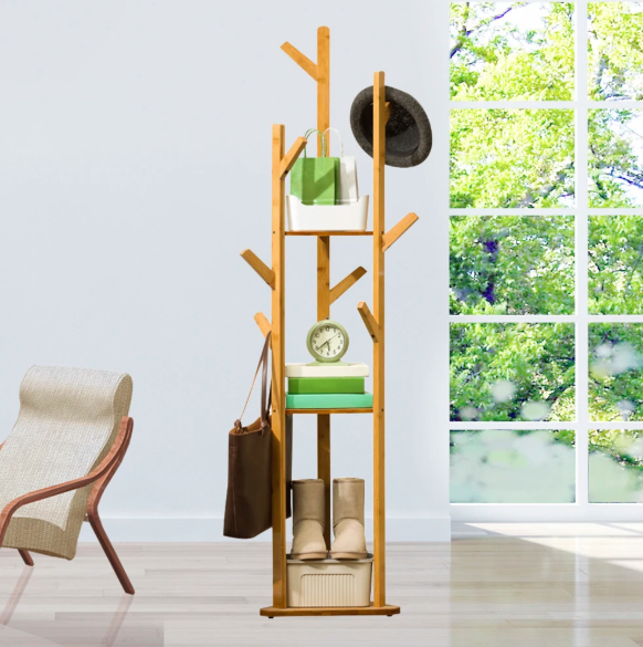 Bamboe Kapstokstandaard met 9 Haken & 3 Legplanken – Vrijstaand, Duurzaam Ontwerp
