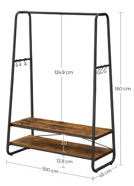 Kledingrek met 2 Planken & 6 Haken – Industrieel Staal & Hout 100×45×160 cm